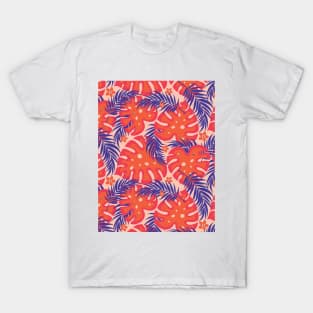 Orange Blue Tropical Pattern with Palm Tree Leaves and Monstera Leaves T-Shirt